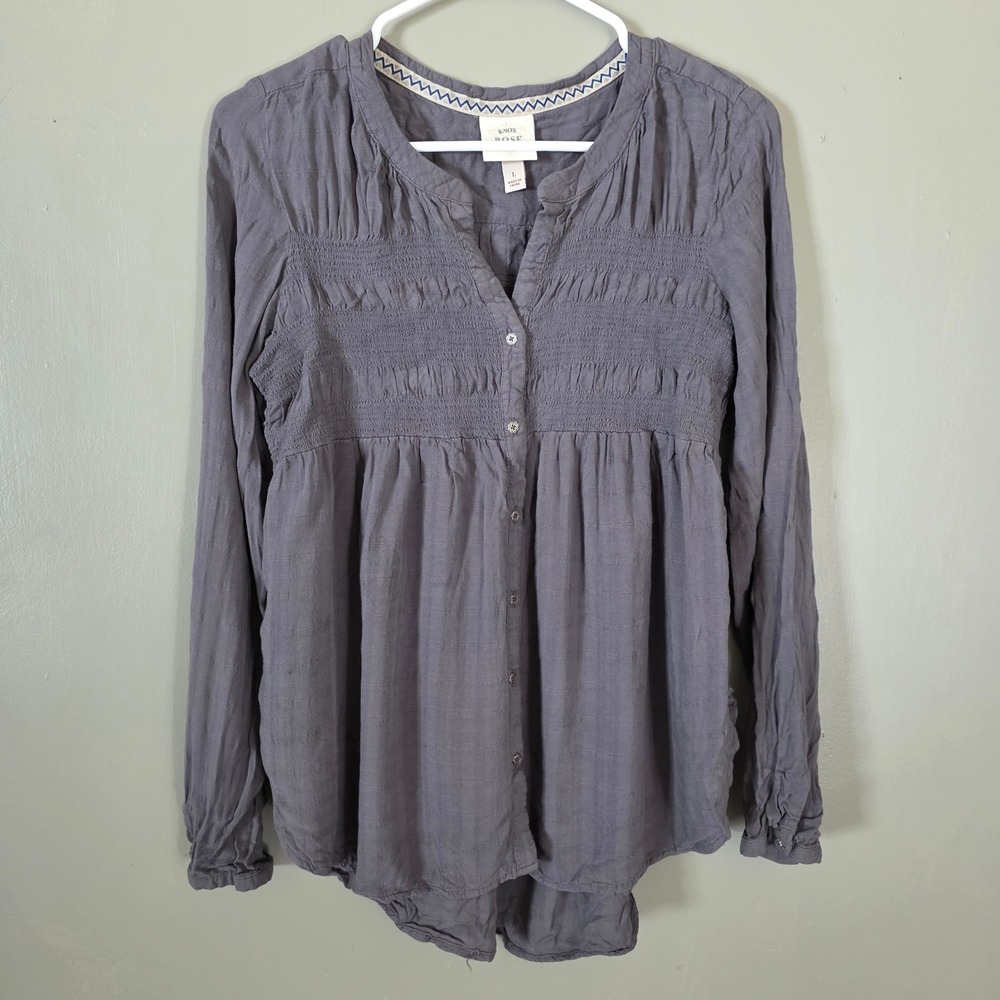 Knox Rose Womens Boho Top Size Large Gray Smocked Babydoll Cottage Hippie